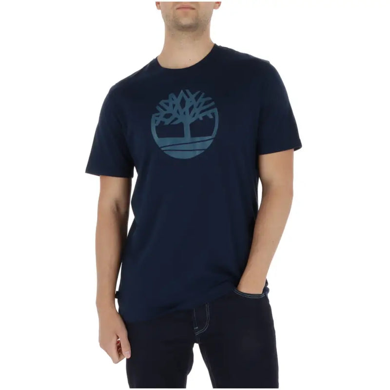 Timberland men t-shirt in navy blue featuring a teal tree logo on the chest, made of comfortable cotton fabric