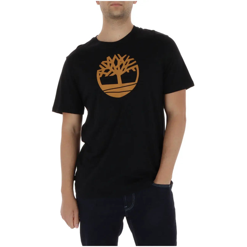 Black Timberland men t-shirt featuring a prominent orange tree logo on the chest made of comfortable fabric
