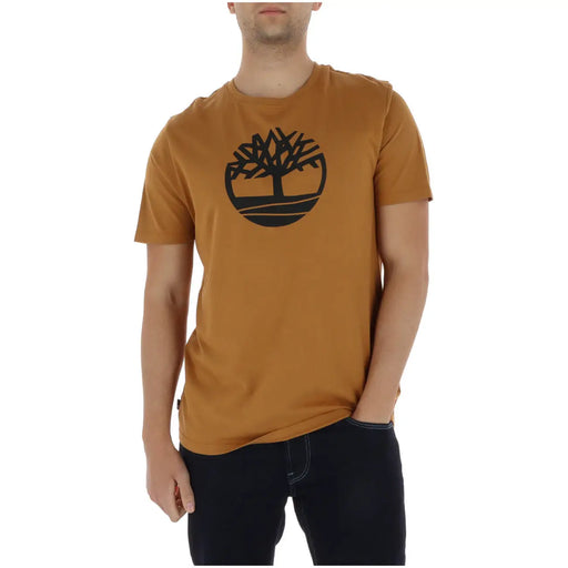Timberland men t-shirt in orange cotton featuring a black tree logo on the chest for casual wear