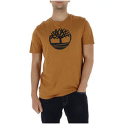 Timberland men t-shirt in orange cotton featuring a black tree logo on the chest for casual wear