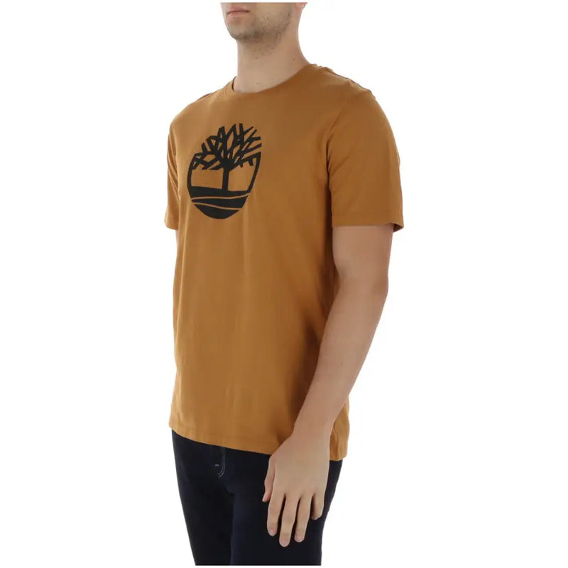 Timberland men t-shirt in mustard yellow featuring a black tree logo on the chest, casual cotton wear