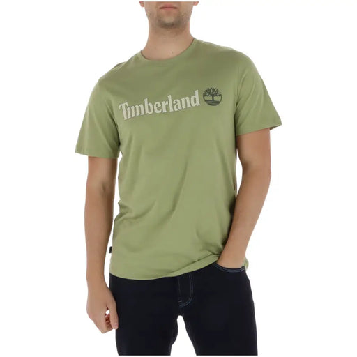 Olive green Timberland men t-shirt with white and dark gray logo on the chest, made from soft cotton material