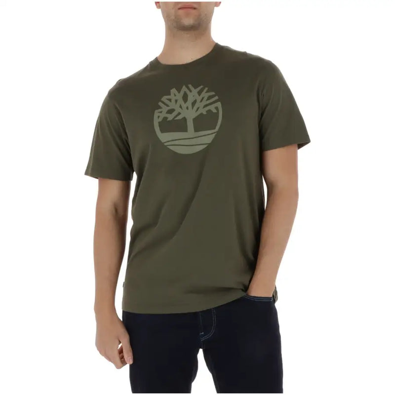 Olive green timberland men t-shirt made of cotton featuring a subtle matching-tone tree logo on the chest