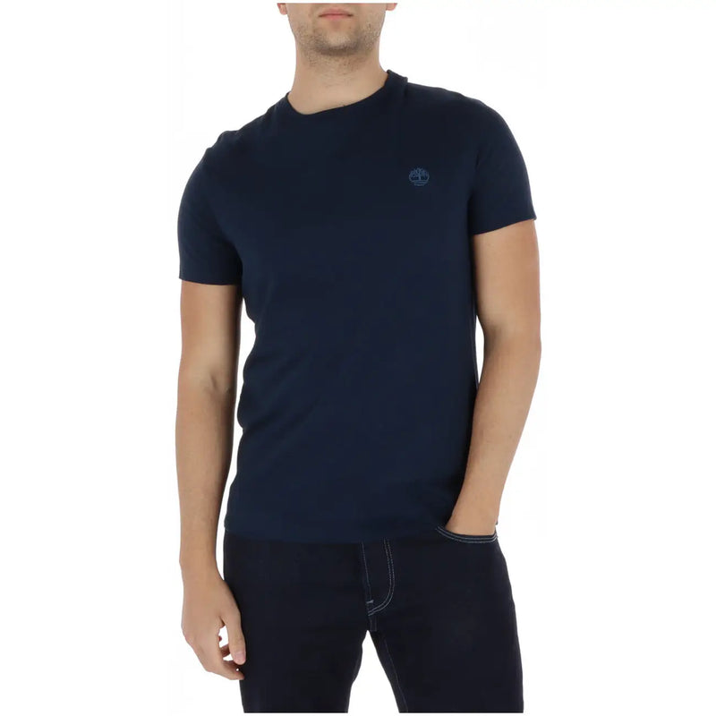 Navy blue Timberland men crew neck t-shirt with subtle embroidered logo on left chest in cotton fabric