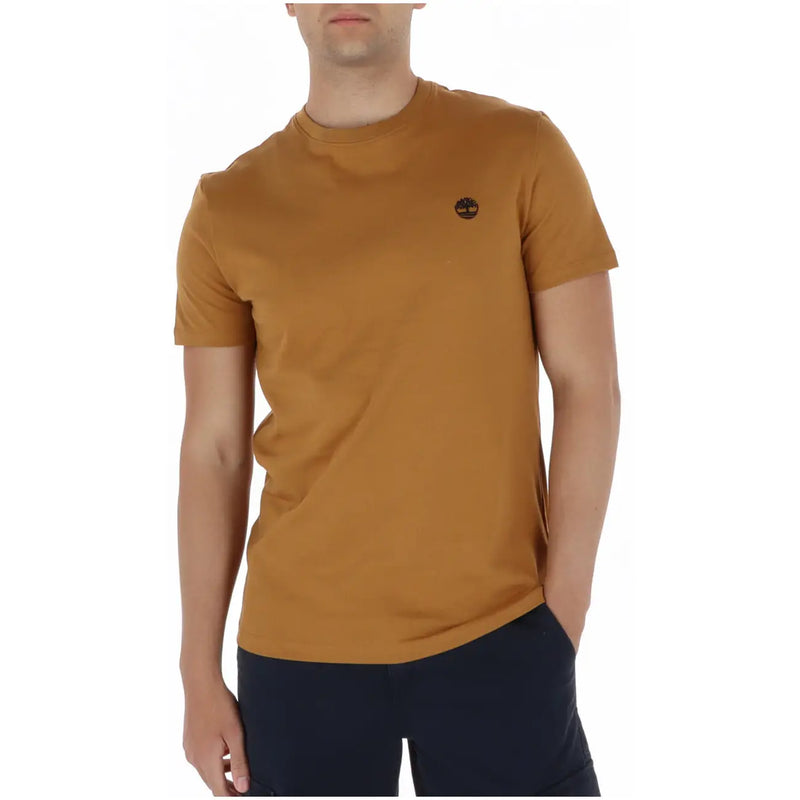 Timberland men t shirt in warm amber cotton with embroidered tree logo on left chest short sleeve design