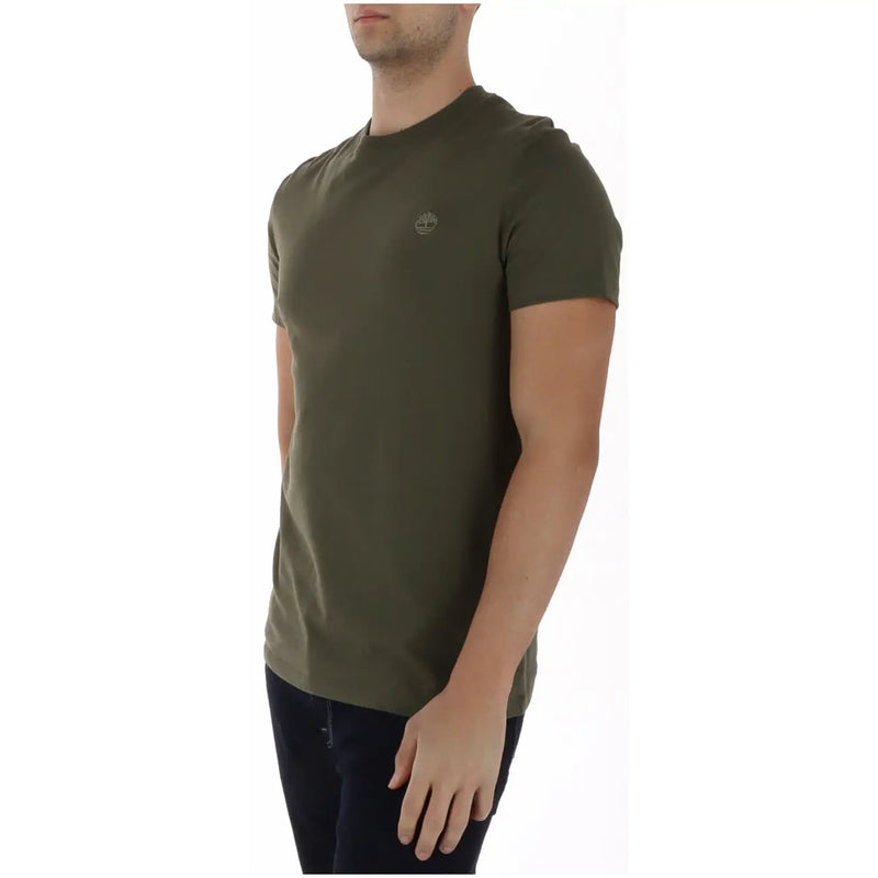 Timberland men olive green crew neck t-shirt with small embroidered logo on left chest in cotton material