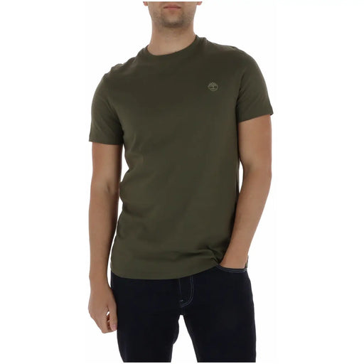 Olive green timberland men t-shirt with crew neck and small embroidered logo on left chest, casual cotton wear