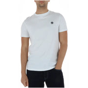 White Timberland men t-shirt crew neck with small black logo on left chest made from soft cotton material