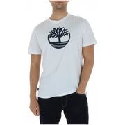 White timberland men t-shirt made of cotton featuring a black circular tree logo on the chest
