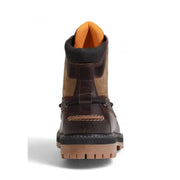 Timberland men’s brown and tan leather ankle boots with black accents orange lining and rugged rubber sole