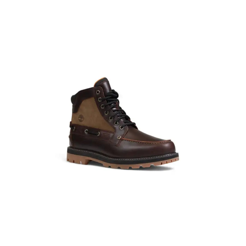 Timberland men’s brown ankle boots in dark brown leather with tan paneling and black laces rubber sole
