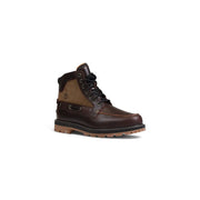 Timberland men’s brown ankle boots in dark brown leather with tan paneling and black laces rubber sole