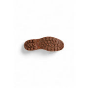Brown rubber sole with distinctive tread pattern and Timberland logo on heel of Timberland mens brown leather boots back side