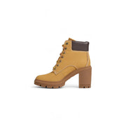 Timberland womens beige tan leather lace-up ankle boot with dark brown collar and chunky heel