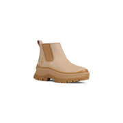 Timberland beige suede Chelsea boot with tan rubber sole and elastic panels