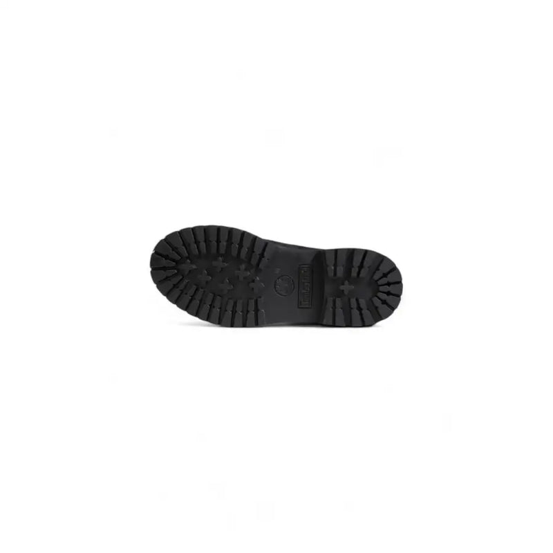 Black rubber sole with deep rugged tread and embossed Timberland logo on timberland women black leather ankle boots