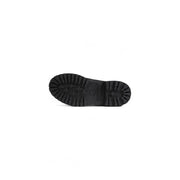 Black rubber sole with deep rugged tread and embossed Timberland logo on timberland women black leather ankle boots