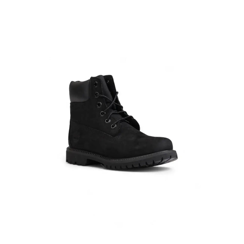 Timberland women black leather ankle boots with 6-inch black suede upper and rubber sole for fall winter