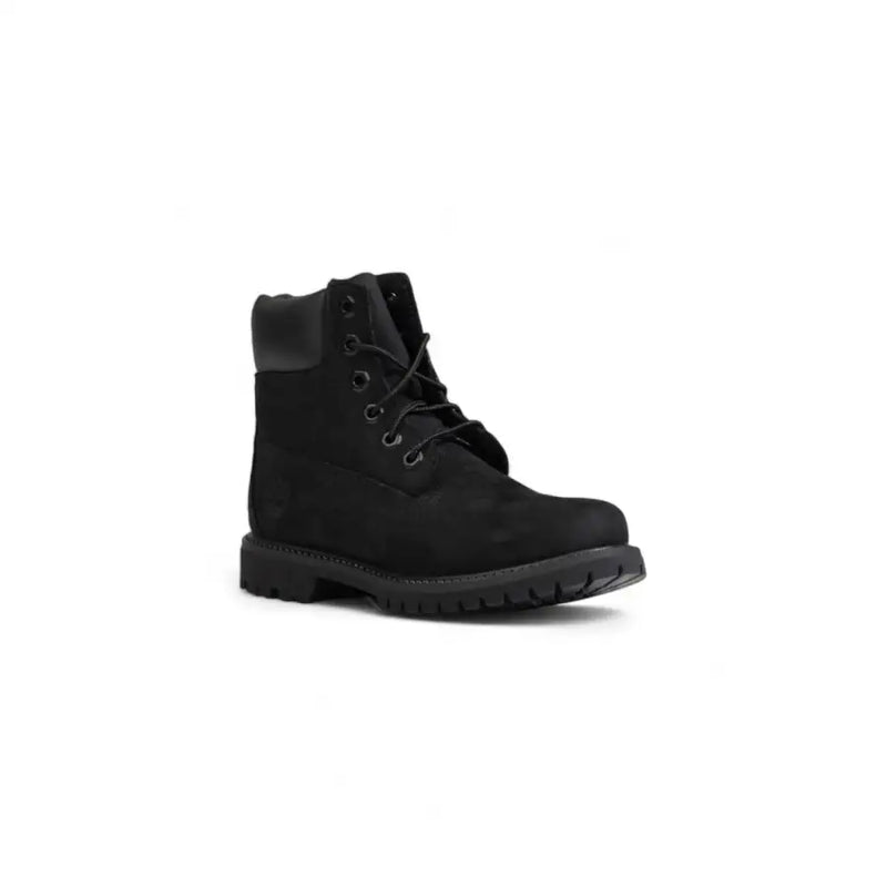Timberland women black leather ankle boots with 6-inch black suede upper and rubber sole for fall winter