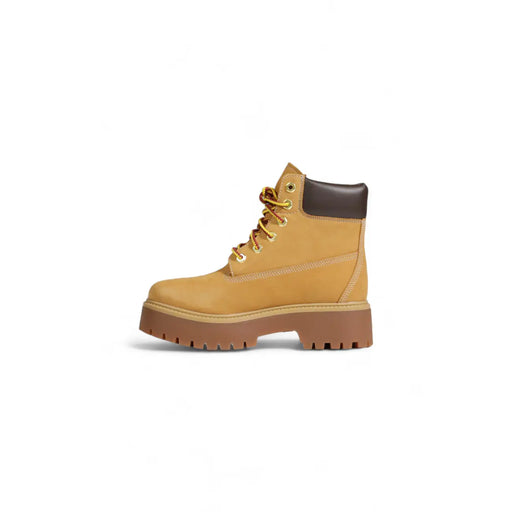Timberland Damen-Ankle-Boots aus Leder, beige, zum Schnüren, mit hellbraunem Leder und brauner Gummisohle und Absatz, die von hinten sichtbar sind