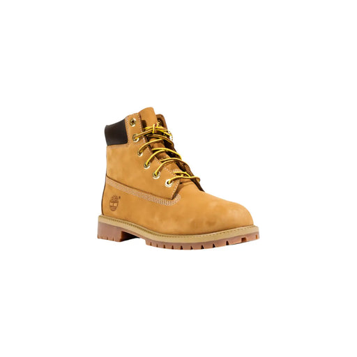 Timberland Damen-Ankle-Boots aus beigefarbenem Wildleder mit Schnürung, 15 cm Absatzhöhe, mit gelben Schnürsenkeln und schwarzem Schaft