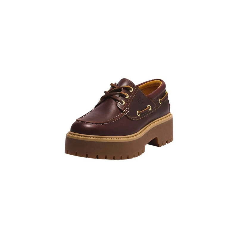 Timberland women leather lace ups shoes bordeaux with brown leather platform, gold-tone eyelets, and tan rubber sole