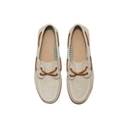 Timberland women leather moccasin shoes beige with cream-colored textured leather, tan laces, and brown stitching