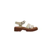 Timberland women leather sandals in beige with a chunky brown rubber sole and silver buckle closure
