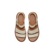 Timberland women leather sandals in cream color with tan soles and silver buckle straps for stylish comfort