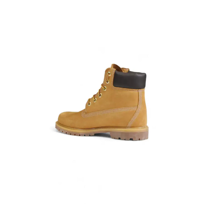 Timberland women’s beige leather ankle boot with tan 6-inch design black rubber collar and gold-tone eyelets