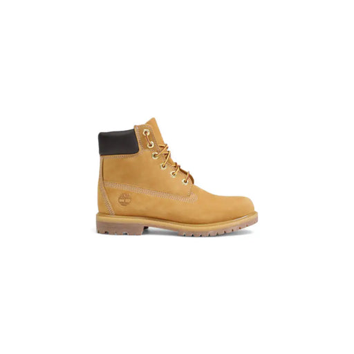 Timberland womens beige leather ankle boots featuring tan 6-inch timberland boot with black collar and gold-toned laces