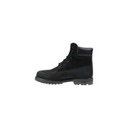 Timberland women’s black leather ankle boot with suede upper and rubber sole shown from the back side