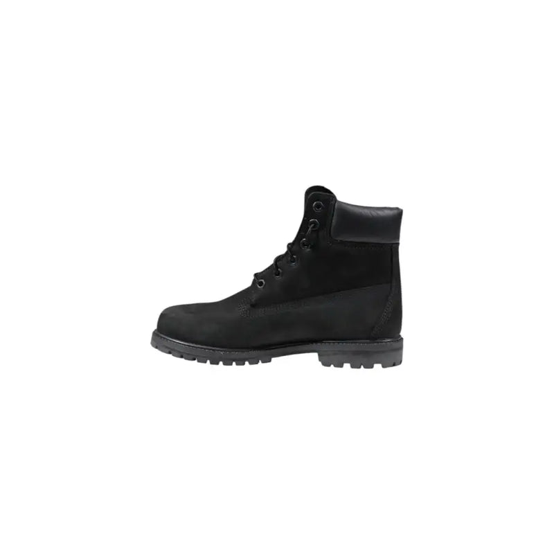 Timberland women’s black leather ankle boot with suede upper and rubber sole shown from the back side