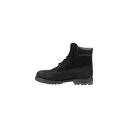 Timberland women’s black leather ankle boot with suede upper and rubber sole shown from the back side