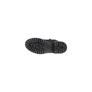 Timberland women’s black leather ankle boots with a rugged textured rubber sole and distinctive cross-shaped tread pattern