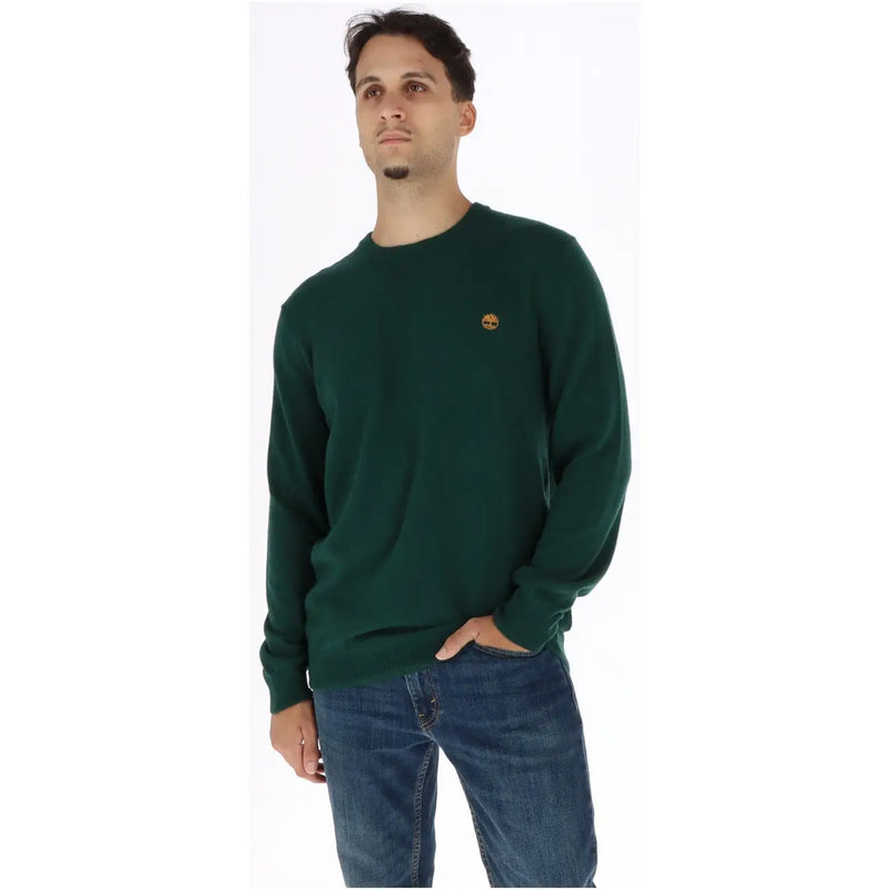 Timberland Herren-Wollpullover in Dunkelgrün mit kleinem, gesticktem Logo auf der linken Brust, Vorderansicht