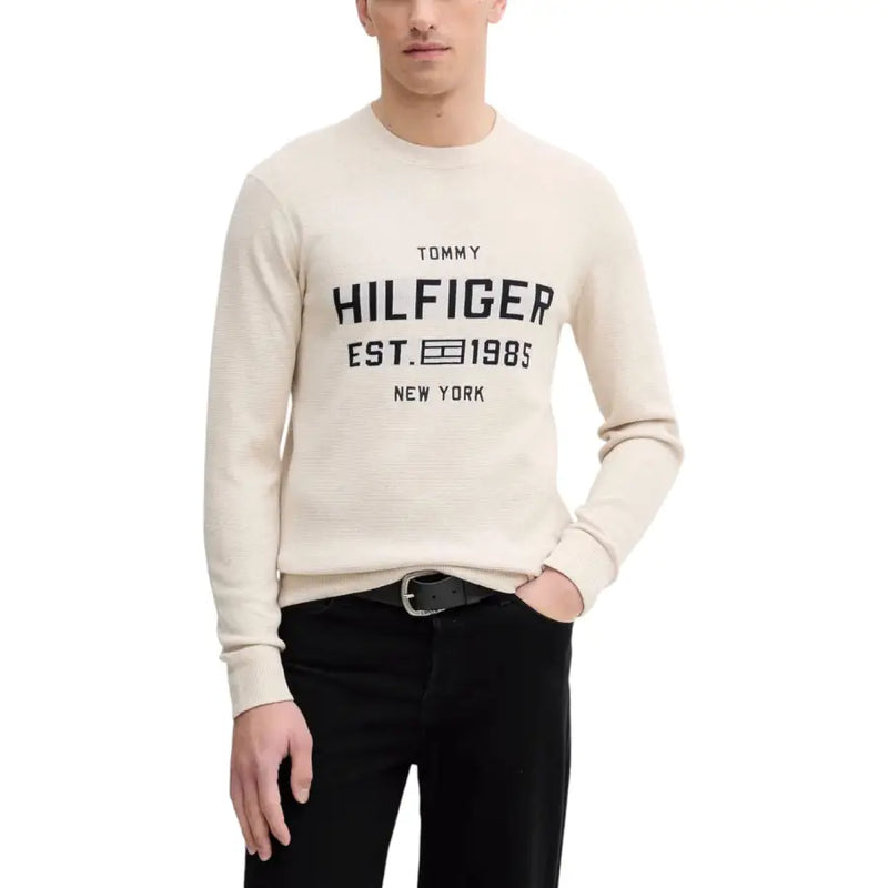 Beige tommy hilfiger organic cotton crewneck sweater with black est print, ideal for casual wear