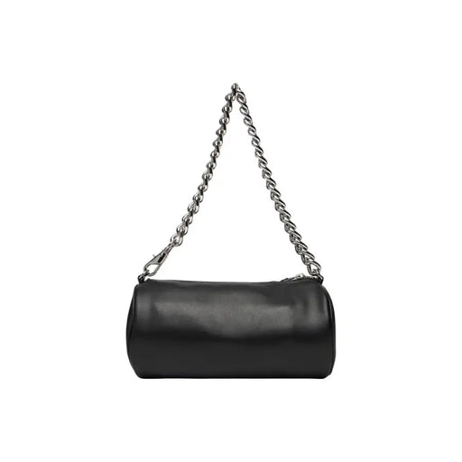 Tommy Hilfiger black cylindrical faux leather handbag with silver twisted chain strap and zip pocket