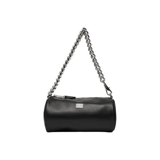 Tommy Hilfiger black faux leather cylindrical handbag with silver chain strap and small rectangular metal plaque