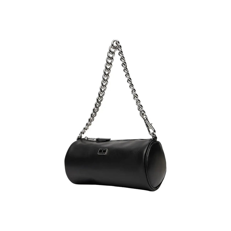 Tommy Hilfiger black faux leather cylindrical handbag with silver chain strap and small rectangular logo plaque