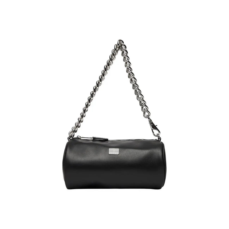 Tommy Hilfiger black faux leather cylindrical handbag with silver chain strap and small rectangular metal plaque