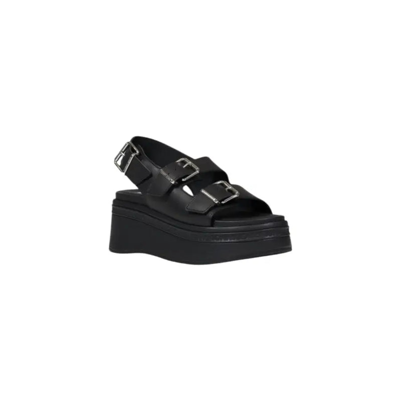 Tommy Hilfiger black leather platform wedge sandals with silver buckles