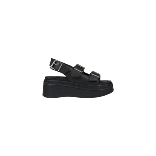 Tommy Hilfiger black leather wedge shoes for women with black platform and three silver buckle straps