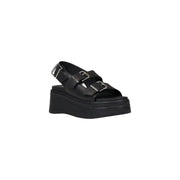 Tommy Hilfiger black leather wedge shoes for women with three silver buckle straps and thick rubber platform sole