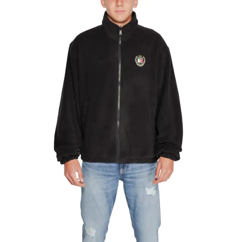 Tommy Hilfiger black fleece zip blazer for men with embroidered crest on left chest ideal for fall winter wear