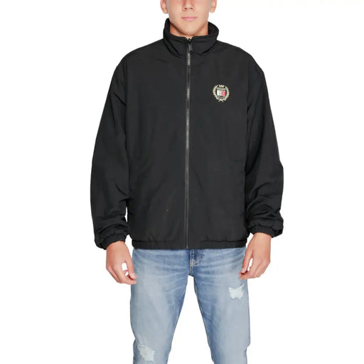 Tommy Hilfiger black long zip blazer for men with gold and red embroidered crest ideal for fall winter