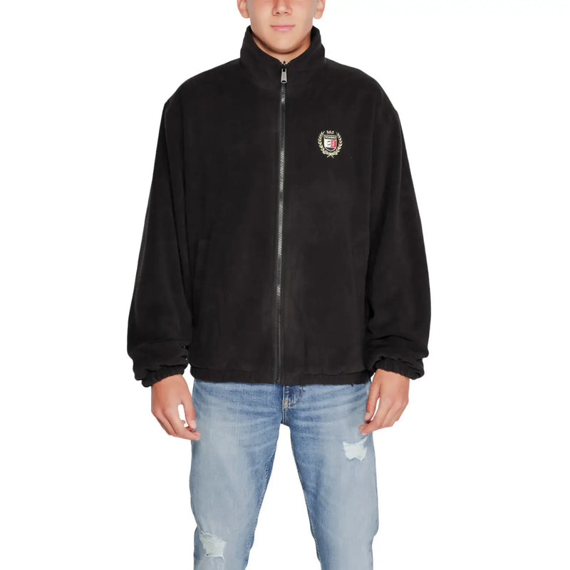 Tommy Hilfiger black fleece zip blazer for men with embroidered crest on left chest ideal for fall winter wear