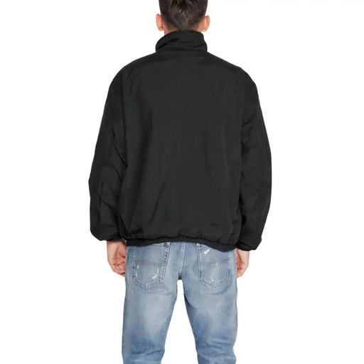 Tommy Hilfiger black long zip blazer men fall winter lightweight nylon jacket with high collar and elasticated hem