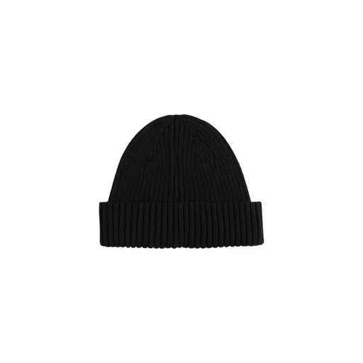 Black ribbed knit beanie hat with folded cuff