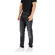Black slim fit jeans with white stitching and pockets, made of denim material.